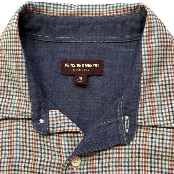 Johnston & Murphy Double Layered Cotton Button Down Blue Brown Plaid XL - Picture 1 of 8